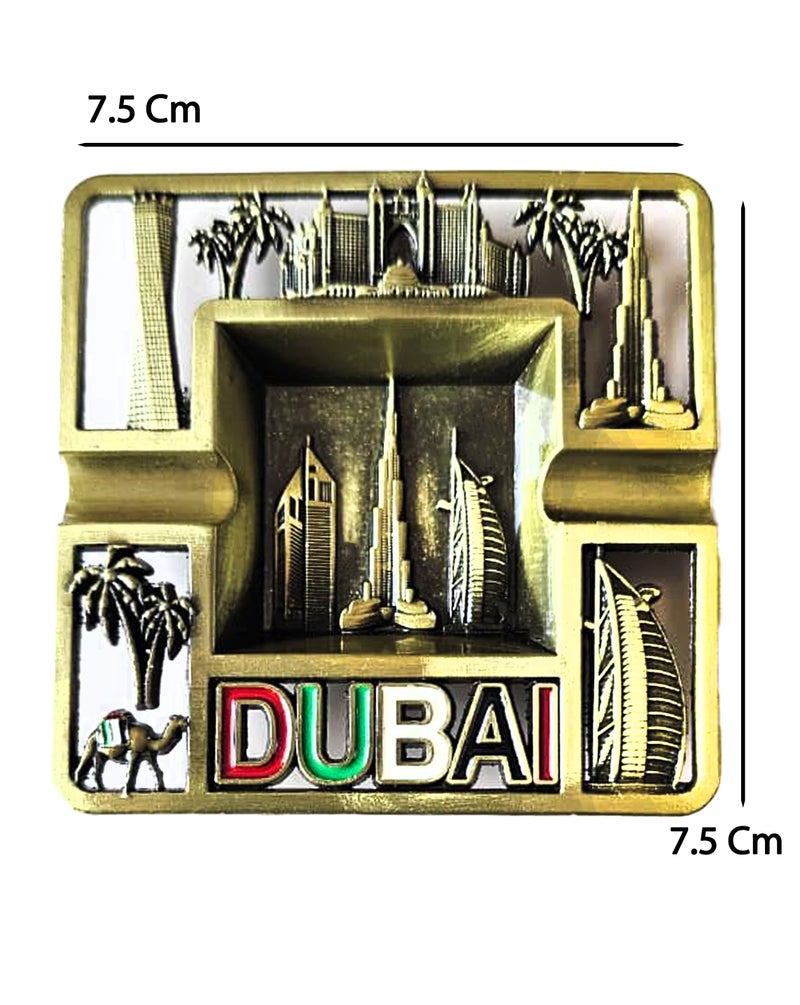 Souvenir Souq 2pcs Dubai Skyline Metal Ashtray Made of Zinc Alloy – UAE Flag Colors with Burj Al Arab, Burj Khalifa Atlantis, Camel & Palm Tree, Greenish color finish - Image 4