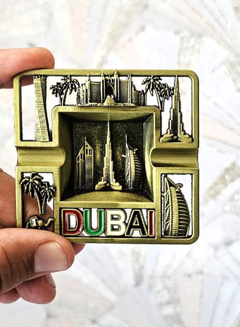 Souvenir Souq 2pcs Dubai Skyline Metal Ashtray Made of Zinc Alloy – UAE Flag Colors with Burj Al Arab, Burj Khalifa Atlantis, Camel & Palm Tree, Greenish color finish - Image 5