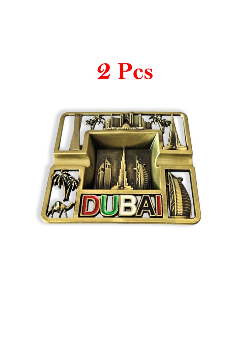 Souvenir Souq 2pcs Dubai Skyline Metal Ashtray Made of Zinc Alloy – UAE Flag Colors with Burj Al Arab, Burj Khalifa Atlantis, Camel & Palm Tree, Greenish color finish - Image 1