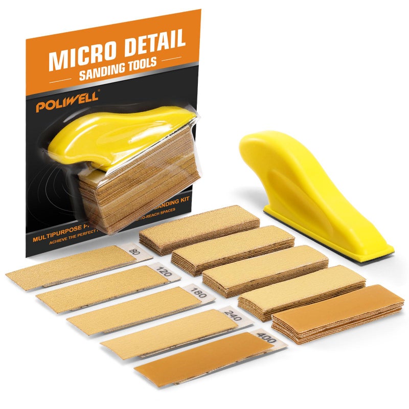 POLIWELL Micro Sander Kit 35 x 1 Mini Sander for Small Projects Detail Handle Sanding Tools Sandpaper 80 120 180 240 400 Grit for DIY Crafts Wood Finishing Tight Narrow Spaces Polishing 50 PCS