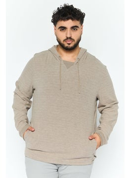 Men Hooded Neck Plain Long Sleeves Sweatshirt, Light Brown