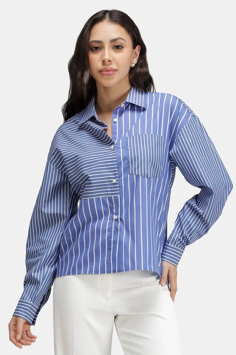 Virgio Stripes Cotton Mixed Stripe Patchwork Shirt for Women