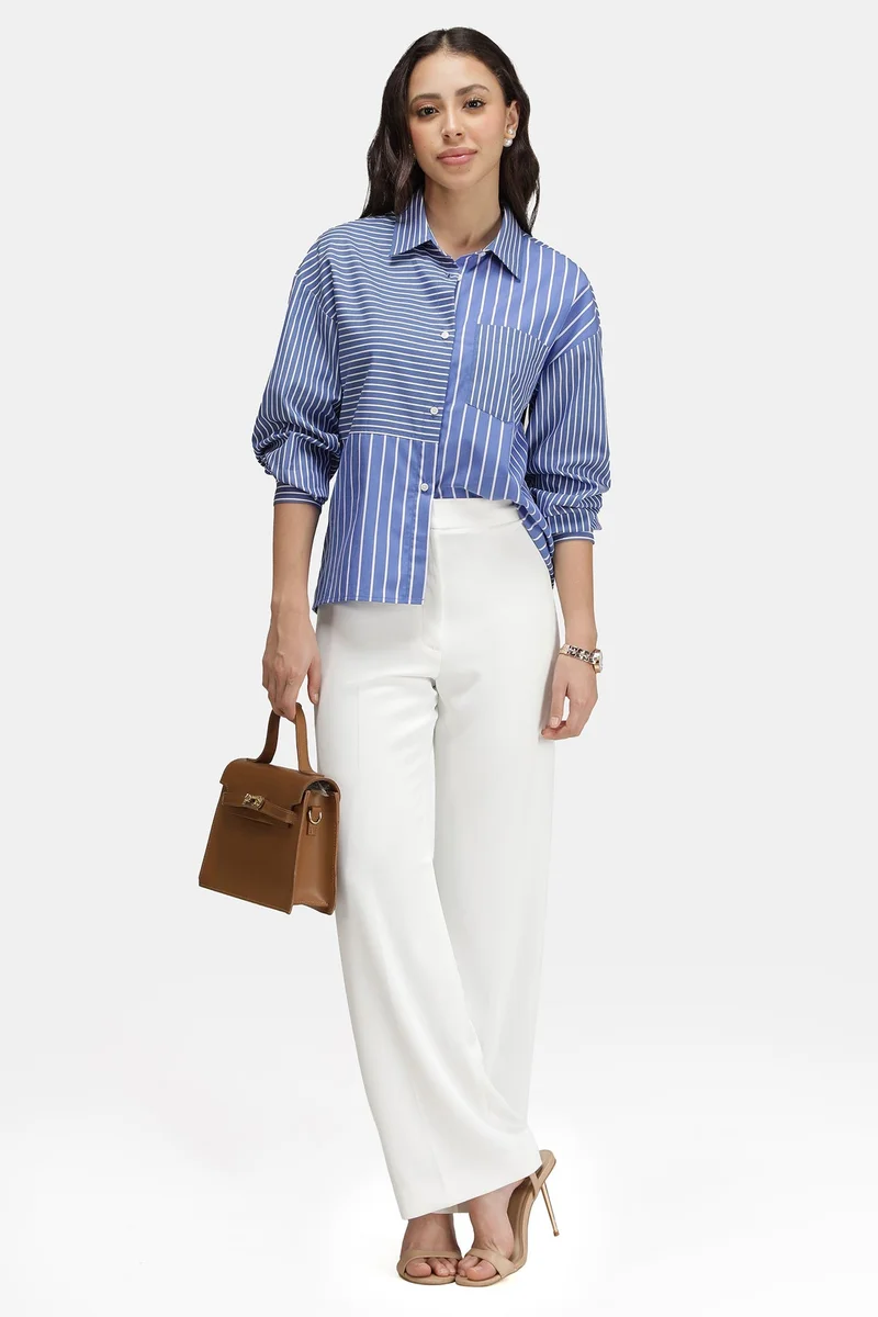 Virgio Stripes Cotton Mixed Stripe Patchwork Shirt for Women