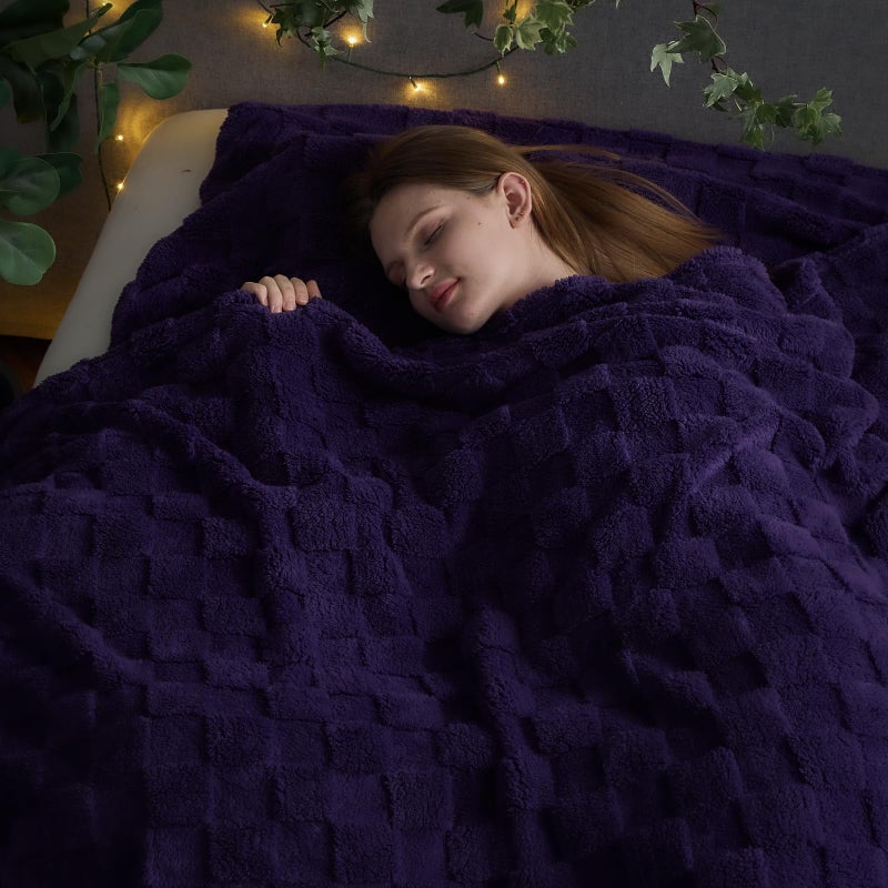NEWCOSPLAY Super Soft Queen Blanket Purple Premium Silky Flannel Fleece 3D Checkered Lightweight Bed Blanket All Season Use (Purple Checkered  Queen(90""x90"")) - Image 2
