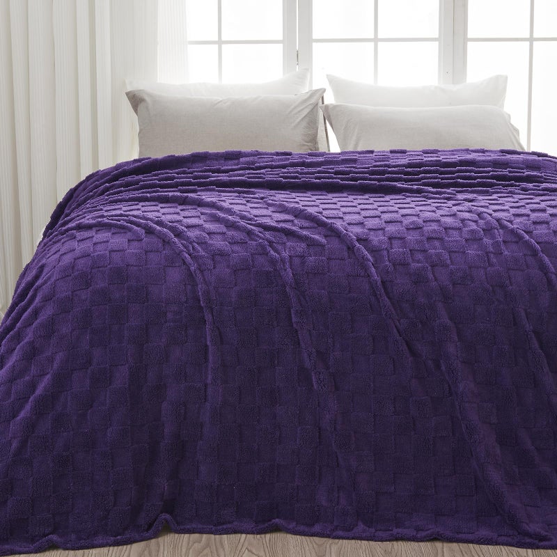NEWCOSPLAY Super Soft Queen Blanket Purple Premium Silky Flannel Fleece 3D Checkered Lightweight Bed Blanket All Season Use (Purple Checkered  Queen(90""x90"")) - Image 1