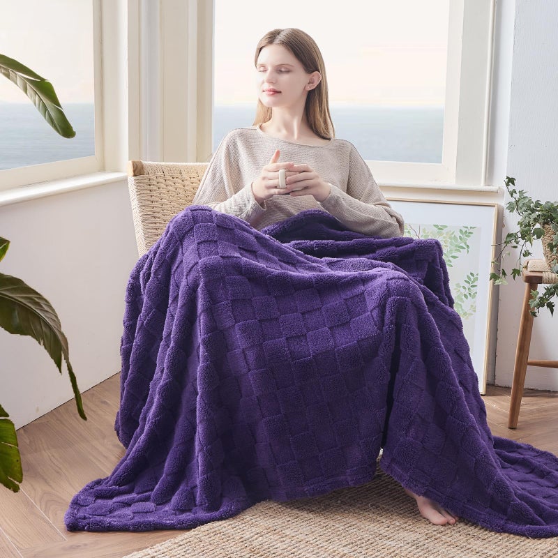 NEWCOSPLAY Super Soft Queen Blanket Purple Premium Silky Flannel Fleece 3D Checkered Lightweight Bed Blanket All Season Use (Purple Checkered  Queen(90""x90"")) - Image 4