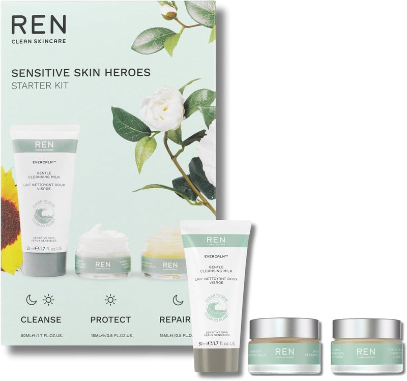 REN Evercalm Sensitive Skin Heroes Starter Kit Gift Set Gentle Cleansing Milk 50ml Global Protection Day Cream 15ml Overnight Recovery Balm 15ml