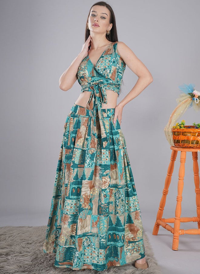 FIMS فستان ماكسي أخضر بطبعة تجريدية بتصميم ضيق وواسع - Image 1