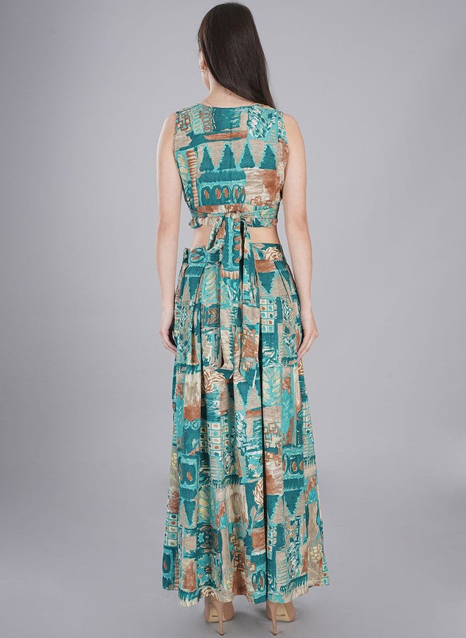 FIMS فستان ماكسي أخضر بطبعة تجريدية بتصميم ضيق وواسع - Image 5