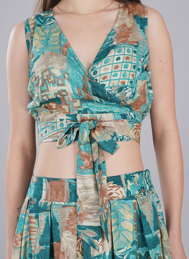 FIMS فستان ماكسي أخضر بطبعة تجريدية بتصميم ضيق وواسع - Image 3