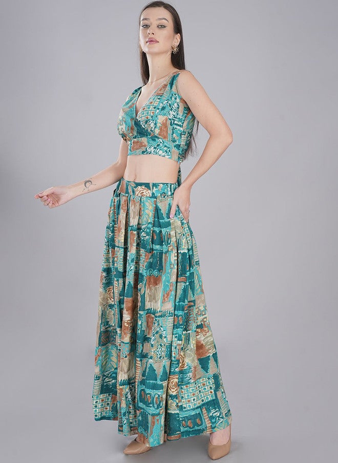 FIMS فستان ماكسي أخضر بطبعة تجريدية بتصميم ضيق وواسع - Image 4