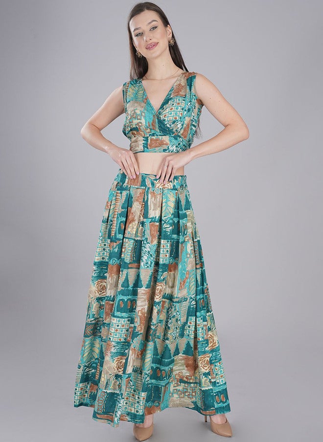 FIMS فستان ماكسي أخضر بطبعة تجريدية بتصميم ضيق وواسع - Image 2