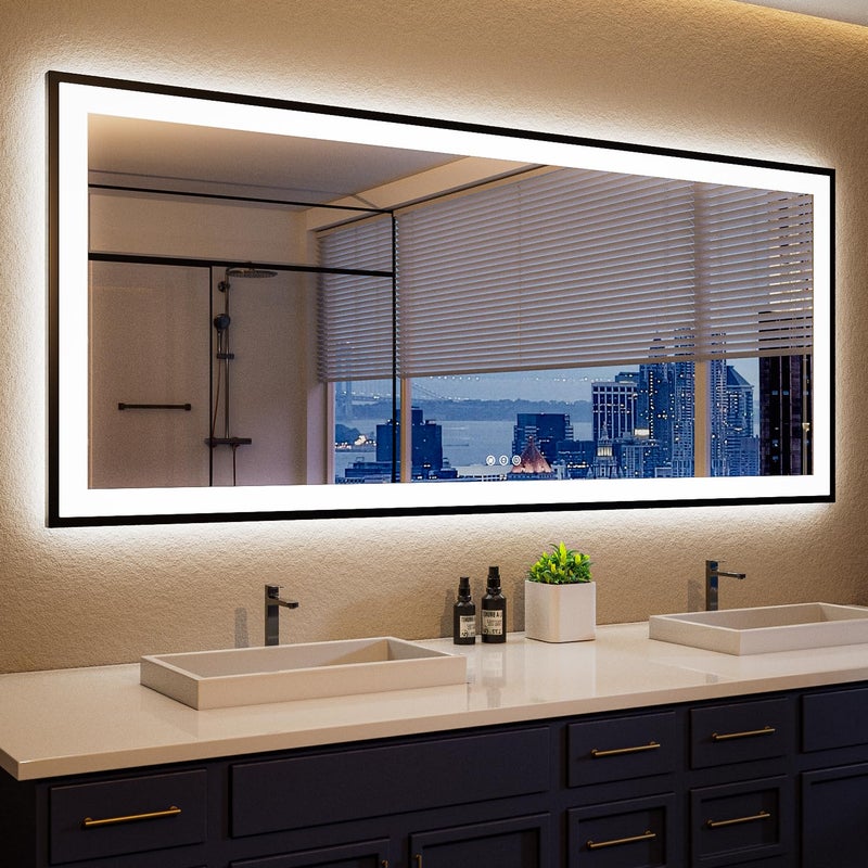 ISKM 60x28 LED Bathroom Mirror with Front Light and Backlight Matte Black Framed Dimmable Lighted AntiFog Wall Vanity Mirror 3 Colors Shatterproof Memory