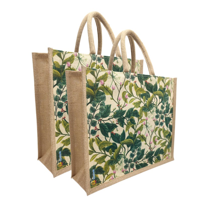 Sangra Eco-Friendly Abstract Print Jute Bag with Zipper | Reusable Tiffin Bag Lunch Bag Shopping Grocery Multipurpose Hand Bag for Men and Women (Pack of 2) (Leaf) - Image 5