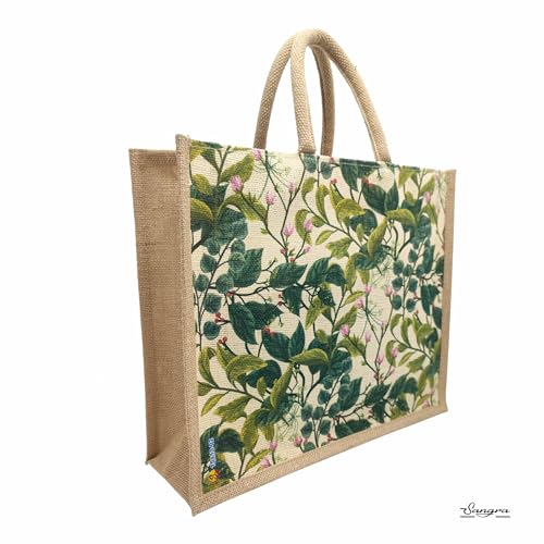 Sangra Eco-Friendly Abstract Print Jute Bag with Zipper | Reusable Tiffin Bag Lunch Bag Shopping Grocery Multipurpose Hand Bag for Men and Women (Pack of 2) (Leaf) - Image 2