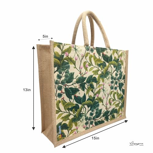 Sangra Eco-Friendly Abstract Print Jute Bag with Zipper | Reusable Tiffin Bag Lunch Bag Shopping Grocery Multipurpose Hand Bag for Men and Women (Pack of 2) (Leaf) - Image 3