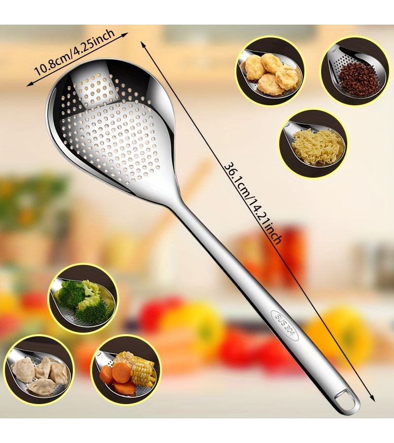 2 Pieces 304 Stainless Steel Colander And Ladle Set With Hook Design Hot Pot Skimmer Spoon For Frying Noodles Dumplings Kitchen Cooking Utility Extended Handle For Home Restaurant Outdoor - Image 3