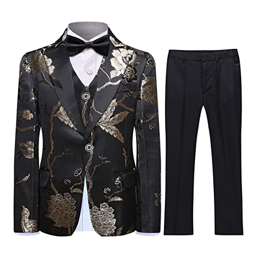 SWOTGdoby Boys Gold Paisley Floral Suit Tuxedo Slim Fit Embroidery 3 Pieces Suit Set Blazer Vest Pants - Image 1
