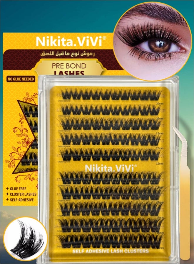 NIKITA.VIVI Pre Bond Type Lashes Kit with Tweezers Self Adhesive Eyelashes Eyelash Clusters Kit, False Eyelashes D Curl Pre Glued Lash Clusters Wispy Lashes Cluster Kit for Home and Salon use Press on DIY Lash Extension Eye Makeup Kit Falselashes 10-16mm Size 100 Pcs - Image 1