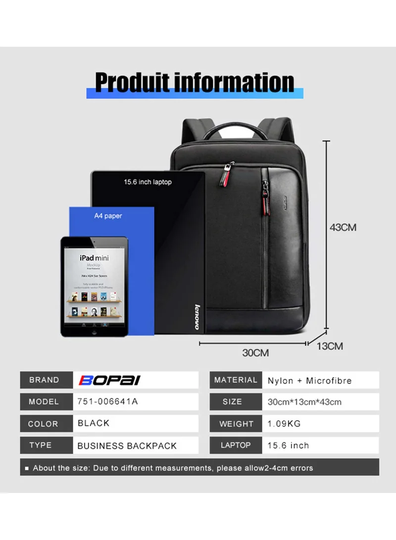 Bopai  Premium Expandable Laptop Backpack Water Resistant Multifunctional Daypack with Built in USB Port for Casual/ Office/ School/ College, BB641, Black  | Best Price UAE