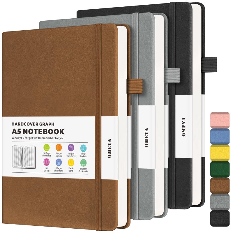 OMEYA Graph Paper Notebook 3 Pack, A5 Grid Notebook Journal, Graph Notebook with 120gsm Paper, Hardcover Leather Journal for Writing, Grid Paper Notebook for Work, School Supplies, Engineering,5.75" x 8.38" - Image 1