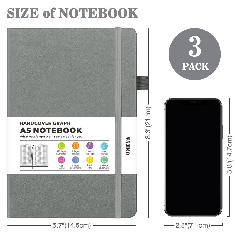 OMEYA Graph Paper Notebook 3 Pack, A5 Grid Notebook Journal, Graph Notebook with 120gsm Paper, Hardcover Leather Journal for Writing, Grid Paper Notebook for Work, School Supplies, Engineering,5.75" x 8.38" - Image 5
