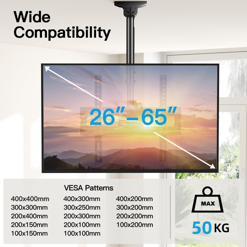 PERLESMITH Ceiling TV Bracket - Adjustable Tilting and Swivel TV Mount for 26 to 65 Inch Screen - Full Motion Roof Mount Supports 50kg with VESA 400 x 400mm - Image 2