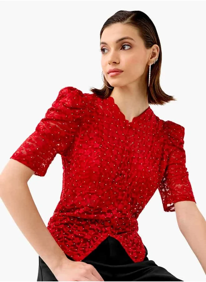 تواكستريمز 2Xtremz Flower Lace Sheer Top with Button Closure and Puff Sleeves