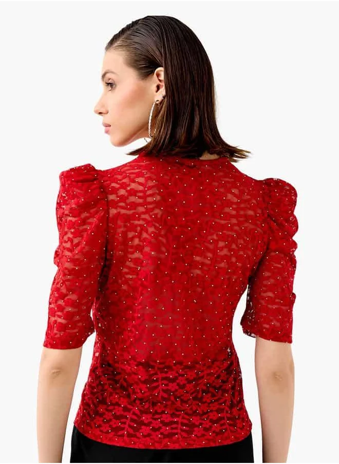 2Xtremz 2Xtremz Flower Lace Sheer Top with Button Closure and Puff Sleeves