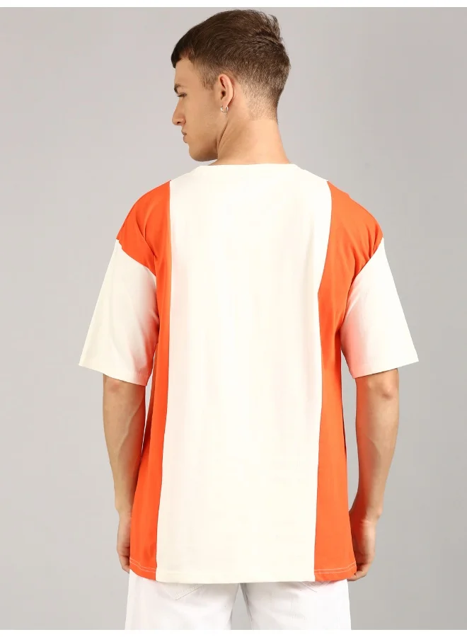 جوفن Men's Oversized Round Neck T-Shirt in White and Orange