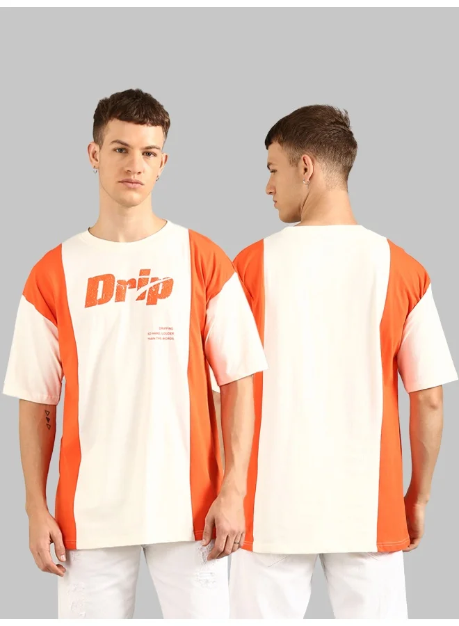 جوفن Men's Oversized Round Neck T-Shirt in White and Orange