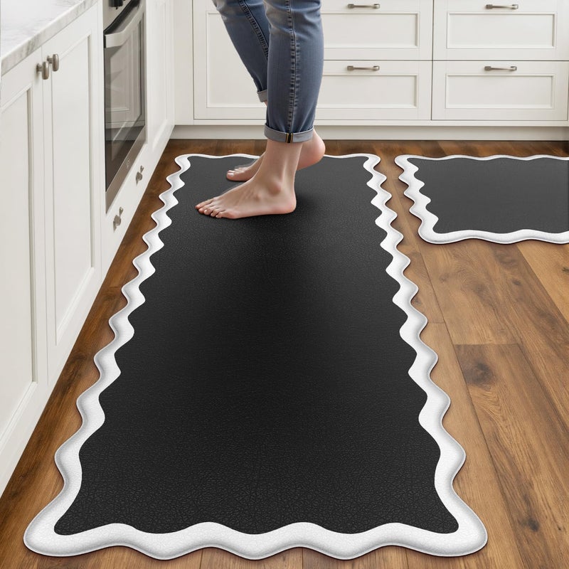 Arenarug Scalloped Black White Kitchen Mats Rugs Sets of 2 Cushioned Anti Fatigue Floor Mat Waterproof Kitchen Rugs Non Slip Foam Comfort Standing Mat for Sink Laundry - Image 1