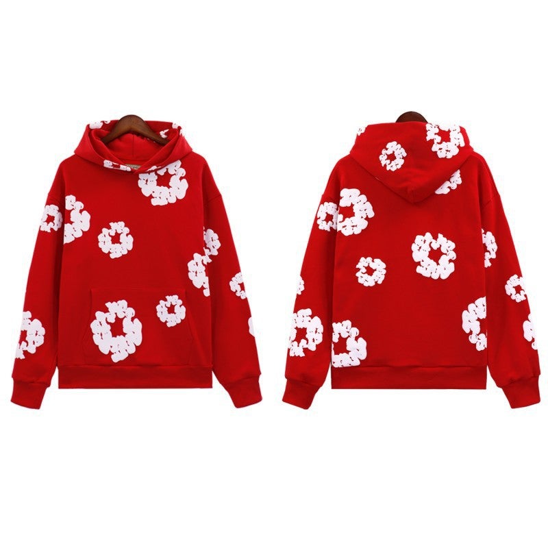 Hip-Hop Cotton Print Hoodie Sweatsuit Red hooded sweater (white wreath) 