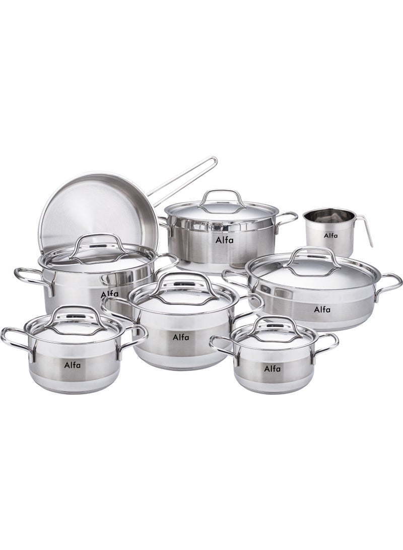 ALFA طقم أواني الطهي من ALFA 14 قطعة من الفولاذ المقاوم للصدأ - أواني، مقالي، ووعاء حليب بتشطيب مرآة أنيق مع أغطية | متين، آمن للاستخدام على الموقد، جودة احترافية