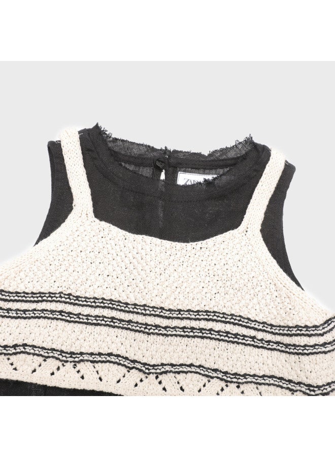 Zara stylish Knit & Embroidered Sleeveless Dress For Kids - Comfortable Two-layer Design - Image 4