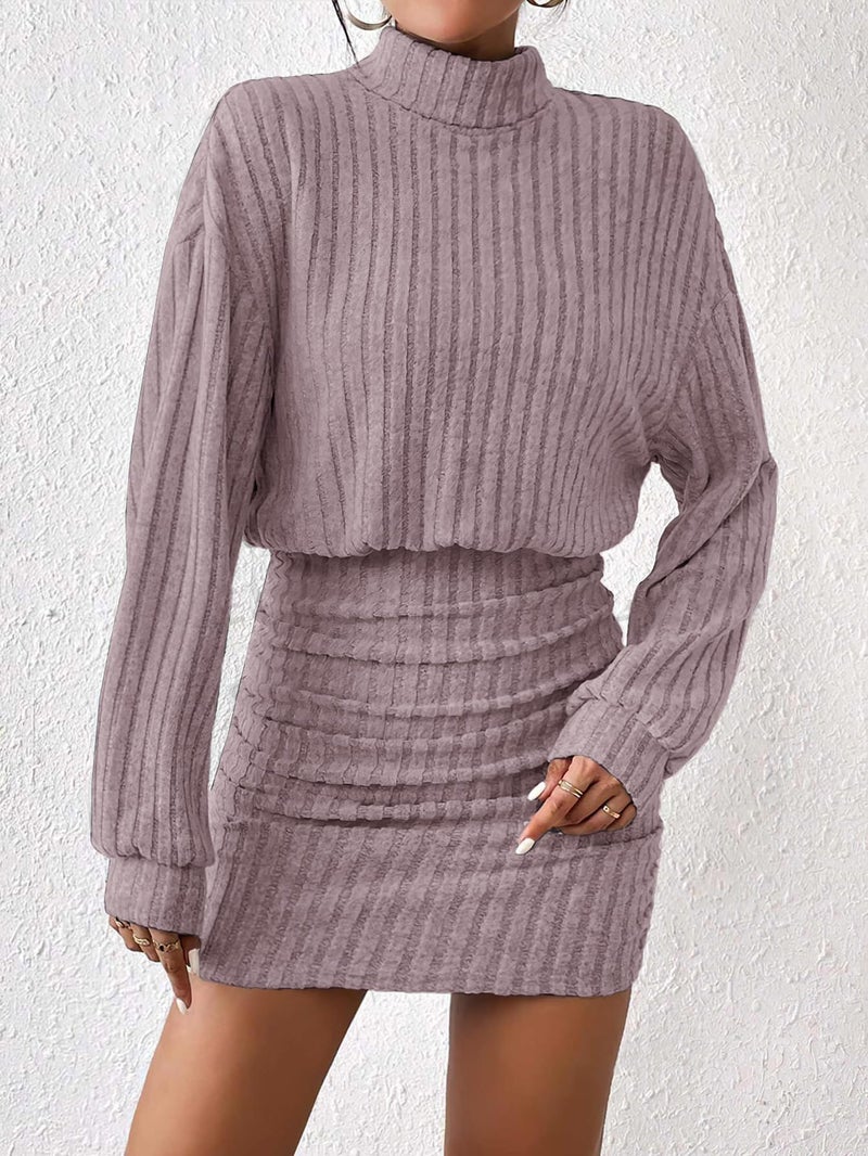 AUXDIO Women's Mock Neck Sweater Dress Fall Long Lantern Sleeve Bodycon 2026 Pullover Mini Short Dresses Pink M - Image 2