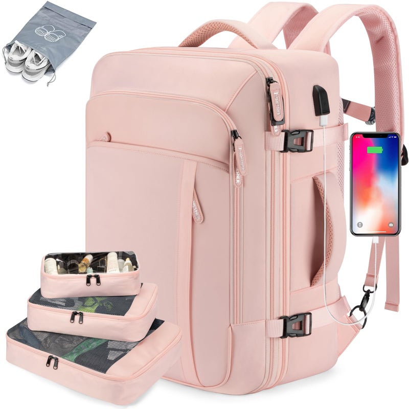 Lumesner Carry on Travel Backpack, Extra Large 40L Flight Approved for Men & Women,Expandable Large Suitcase With 4 Packing Cubes,Water Resistant Luggage Daypack Business Weekender Bag,Pink - Image 1