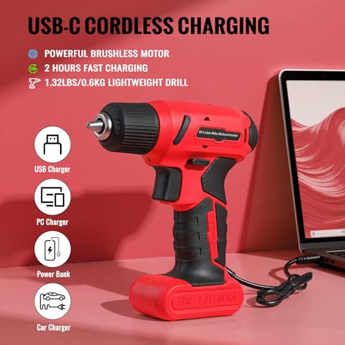 TLGREEN 101 Pcs 8V Cordless Drill and Tool Set, USB-C Rechargeable Power Tool Kit with Brushless Motor & Fast Charge, Lightweight Home Tool Kit for DIY, Repair, and Maintenance with Storage Case（Red) - Image 4