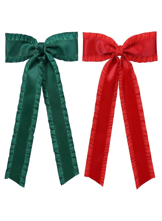 Miroksh 2PCS Hair Bows for Women Girls, Silky Satin Ruffle Tassel Hair Ribbon Bowknot Hair Clips Barrettes Hair Accessories for Girl with Long Tail Set Red,Dark Green 5.5inch - Image 1