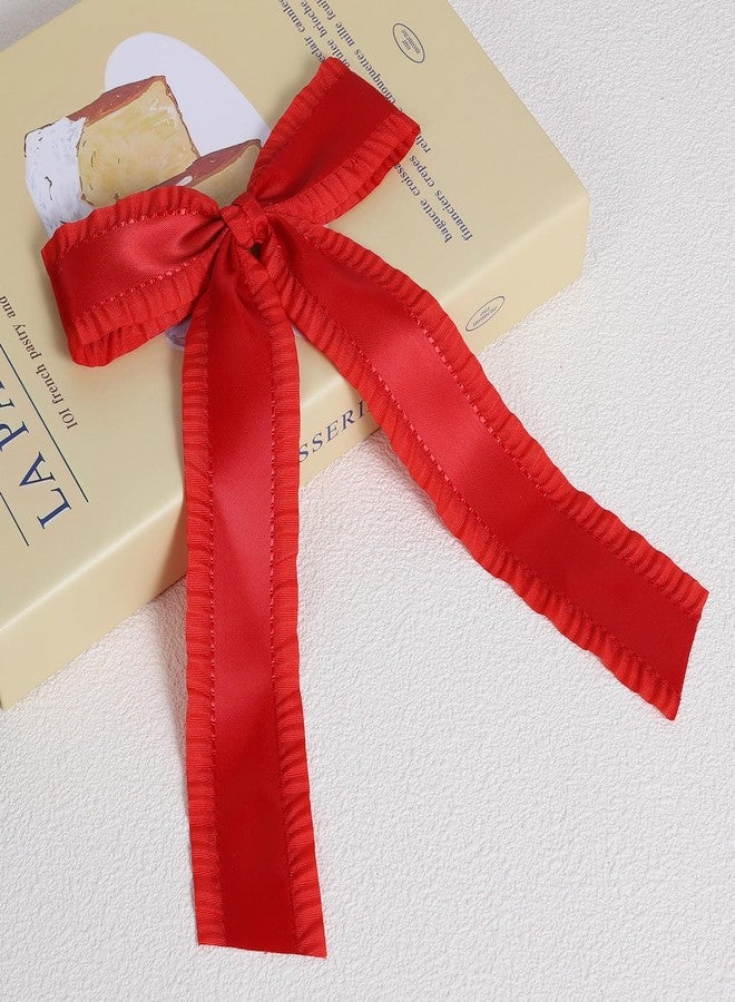 Miroksh 2PCS Hair Bows for Women Girls, Silky Satin Ruffle Tassel Hair Ribbon Bowknot Hair Clips Barrettes Hair Accessories for Girl with Long Tail Set Red,Dark Green 5.5inch - Image 4