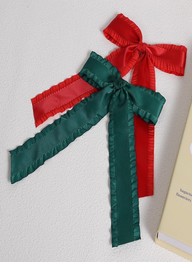 Miroksh 2PCS Hair Bows for Women Girls, Silky Satin Ruffle Tassel Hair Ribbon Bowknot Hair Clips Barrettes Hair Accessories for Girl with Long Tail Set Red,Dark Green 5.5inch - Image 2