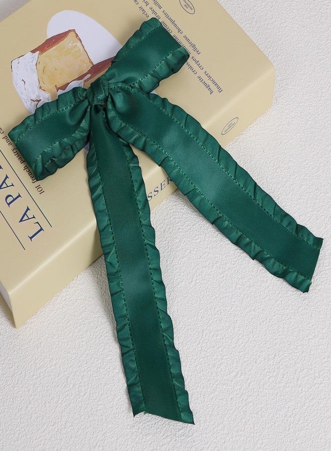 Miroksh 2PCS Hair Bows for Women Girls, Silky Satin Ruffle Tassel Hair Ribbon Bowknot Hair Clips Barrettes Hair Accessories for Girl with Long Tail Set Red,Dark Green 5.5inch - Image 3