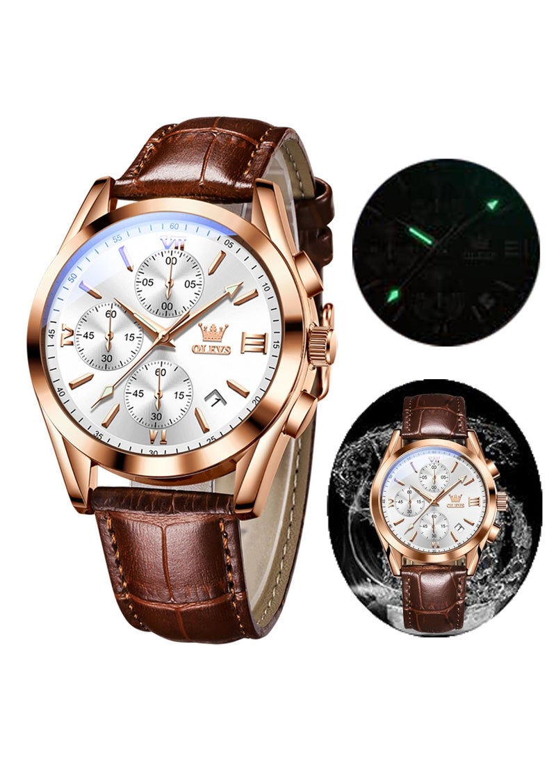 أوليفز ساعات كوارتز كرونوغراف للرجال من OLEVS، هيكل ذهبي بسوار جلدي مع تاريخ نهاري، ساعة يد من الفولاذ المقاوم للصدأ مقاومة للماء، ساعات مضيئة للرجال، الموضة والترفيه - Image 1