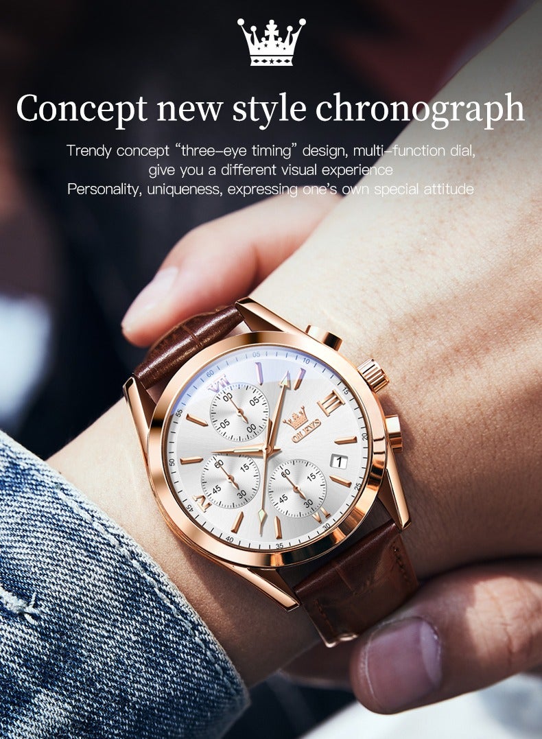 أوليفز ساعات كوارتز كرونوغراف للرجال من OLEVS، هيكل ذهبي بسوار جلدي مع تاريخ نهاري، ساعة يد من الفولاذ المقاوم للصدأ مقاومة للماء، ساعات مضيئة للرجال، الموضة والترفيه - Image 2