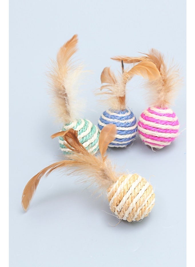 1PCS striped sisal cat catching ball wear-resistant vocal cat molar toy kitten adult cat interactive anti-boring toy (with feathers, random color) - Image 2