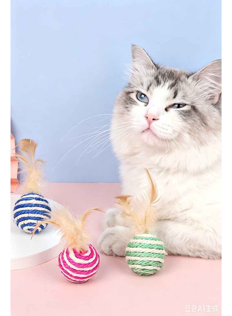 1PCS striped sisal cat catching ball wear-resistant vocal cat molar toy kitten adult cat interactive anti-boring toy (with feathers, random color) - Image 3