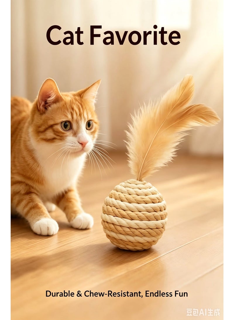 1PCS striped sisal cat catching ball wear-resistant vocal cat molar toy kitten adult cat interactive anti-boring toy (with feathers, random color) - Image 4