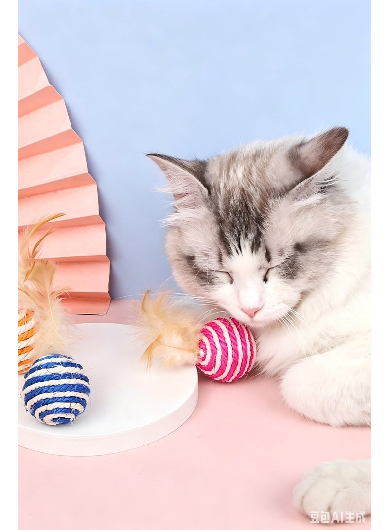 1PCS striped sisal cat catching ball wear-resistant vocal cat molar toy kitten adult cat interactive anti-boring toy (with feathers, random color) - Image 5