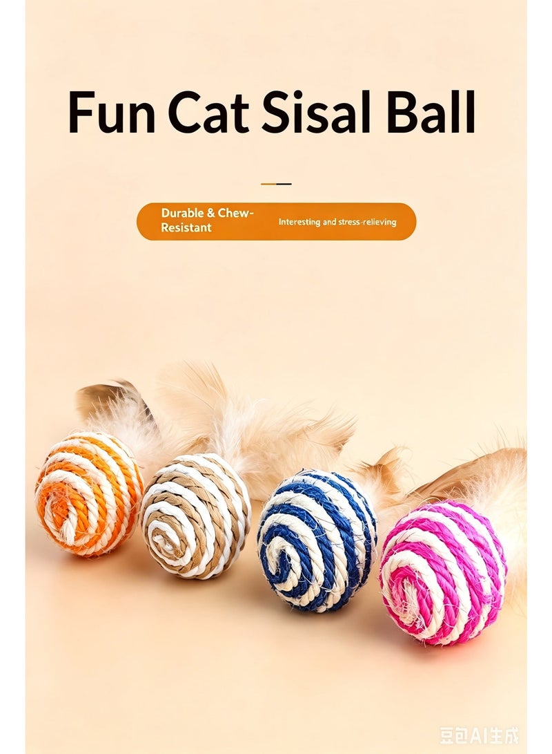 1PCS striped sisal cat catching ball wear-resistant vocal cat molar toy kitten adult cat interactive anti-boring toy (with feathers, random color) - Image 1