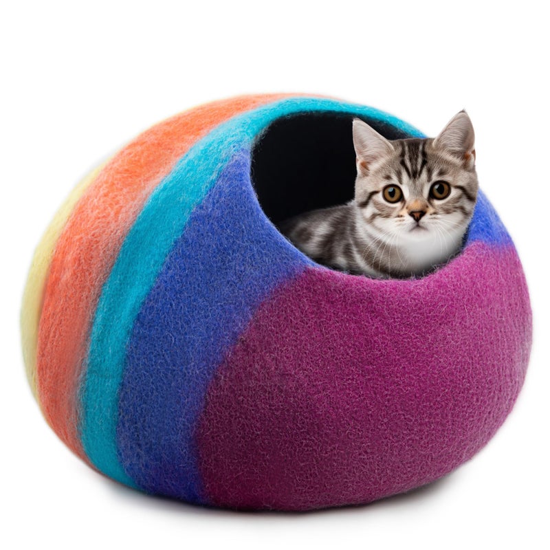 Woolygon Premium Felt Cat Cave Bed â€“ Wool Kitty Beds Handcrafted Kitten Caves Bed for Indoor Cats - Made from Merino Wool, Foldable Cat Hideaway Covered Cat House Pod (Rainbow Twist) - Image 1